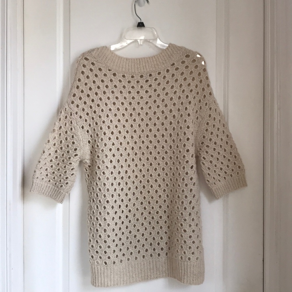 Alpaca / Merino  wool crochet open  knit textured  mesh sweater